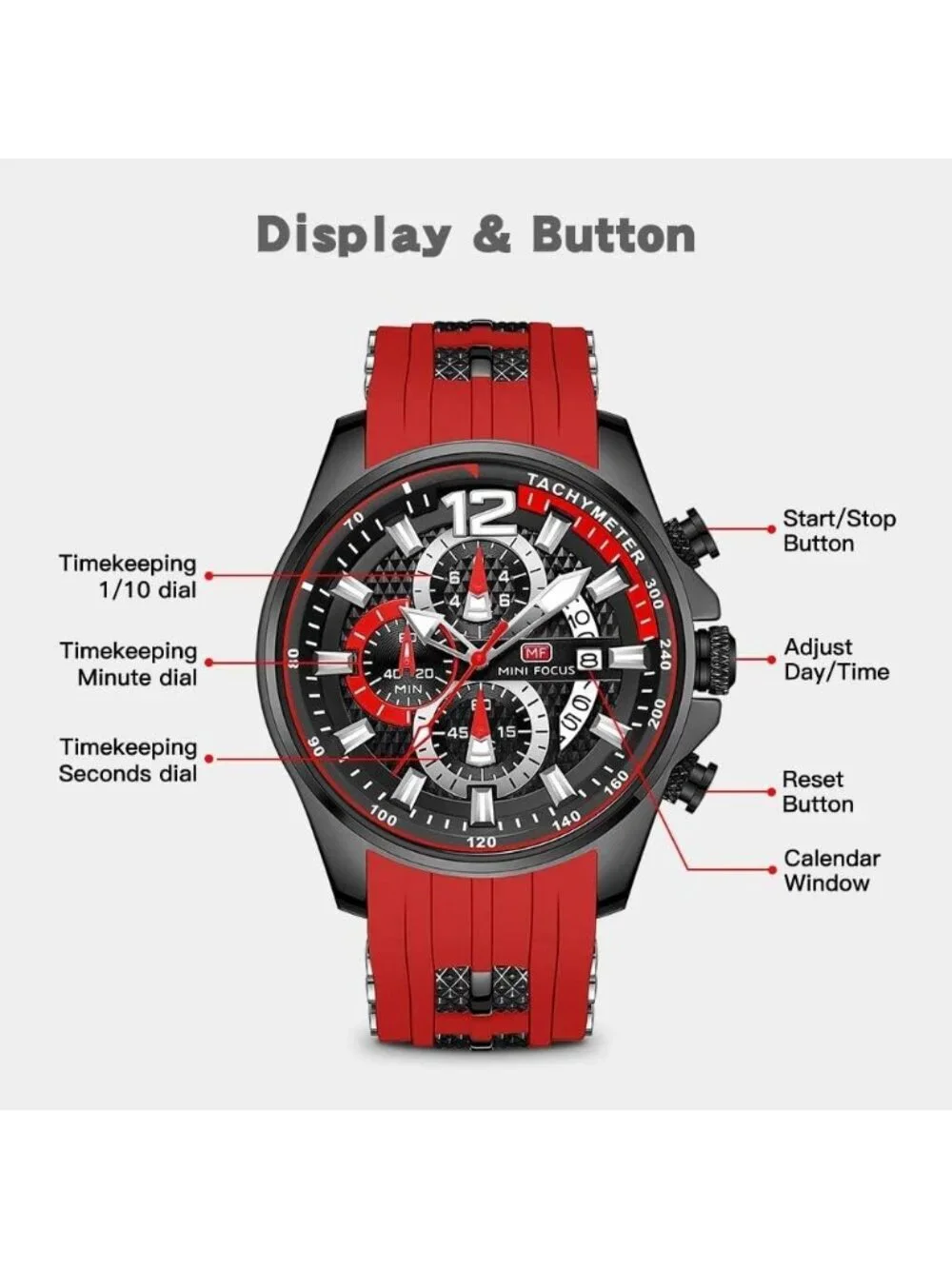 Men's Red Black Chronograph Waterproof Sport Military Analog Quartz Wrist Watch